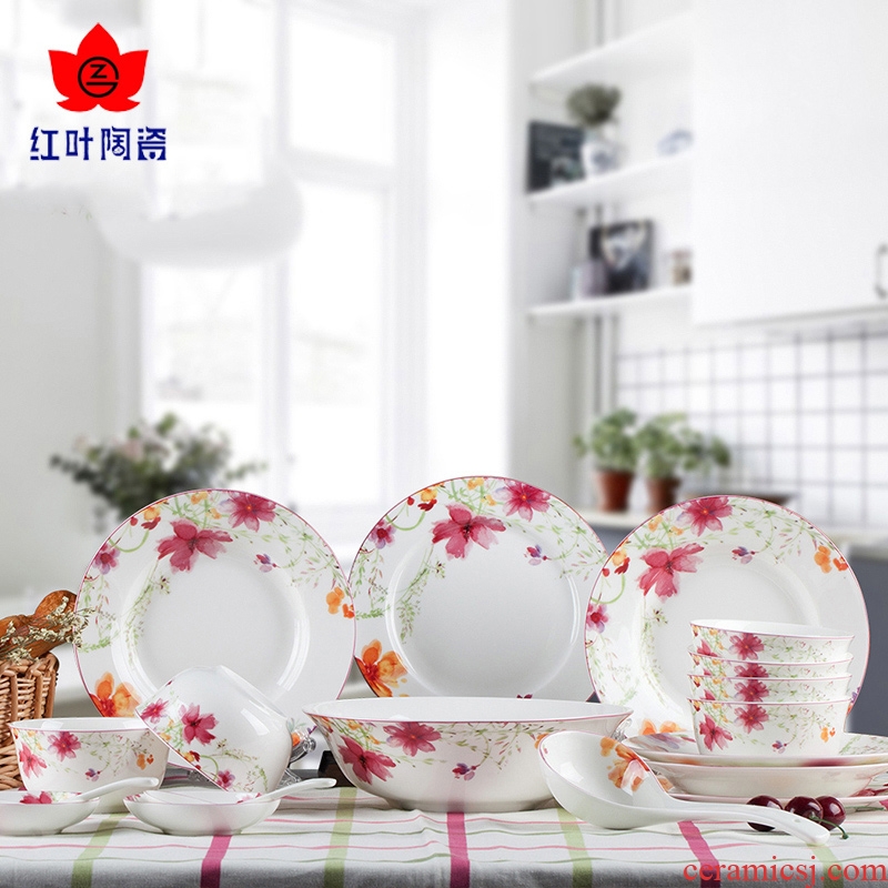 Red leaves 26 head glair ipads porcelain tableware package mail jingdezhen ceramics cutlery set bowl dish spring scenery