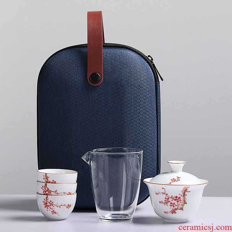Bo yao to crack a pot of three travel tea set suit portable package tureen with hand - made ceramic tea cup
