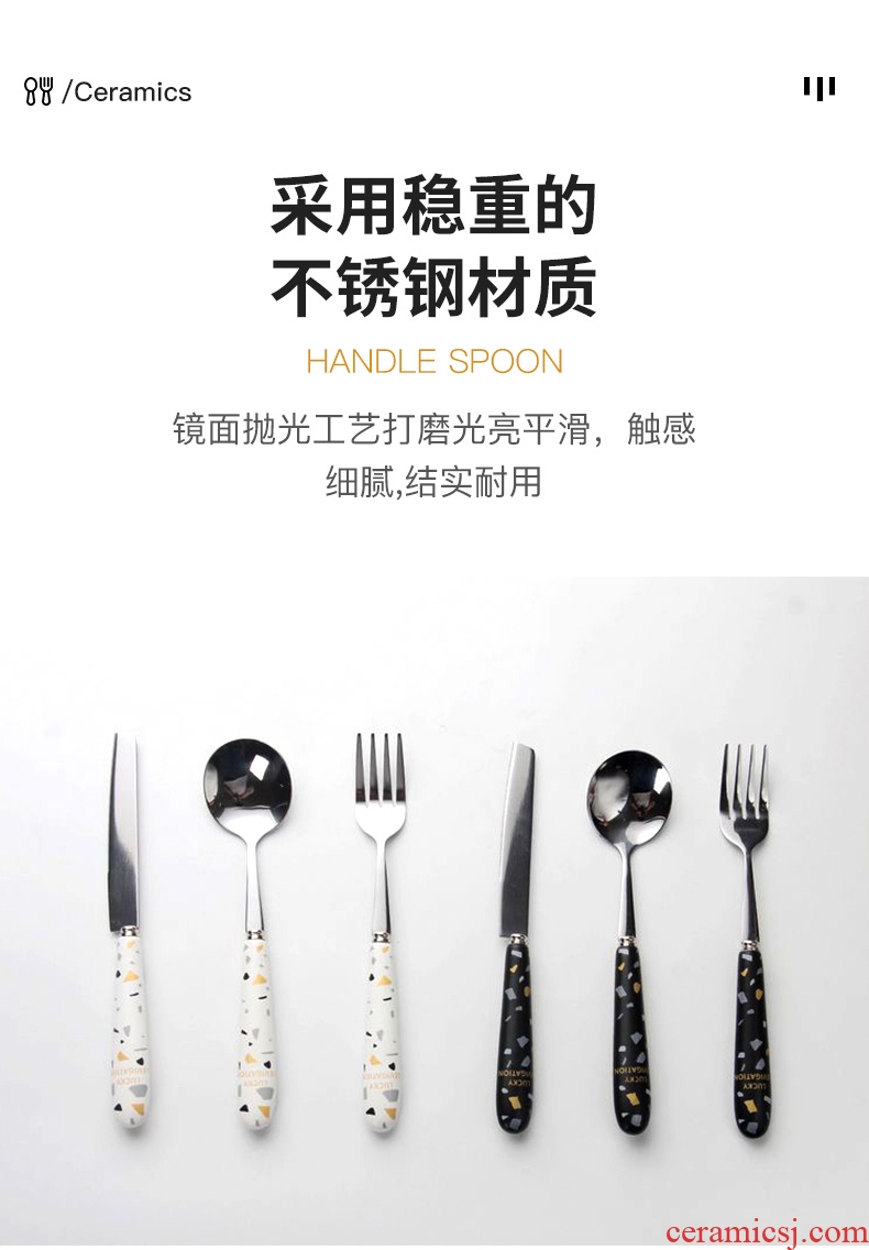 Three pieces of pottery and porcelain handle steak knife and fork spoon, Three - piece household Nordic western - style food tableware suit stainless steel spoon
