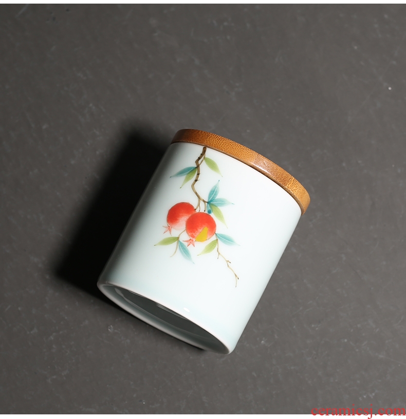 YanXiang fang hand - made pomegranate shadow celadon small caddy fixings bamboo cover sealing ceramic portable storage POTS