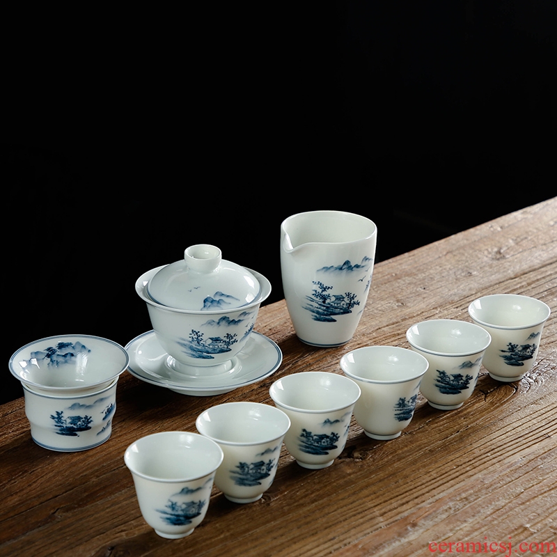 Bo yiu-chee jingdezhen hand - made tureen kung fu tea set household of Chinese style of blue and white porcelain ceramic cups gift boxes