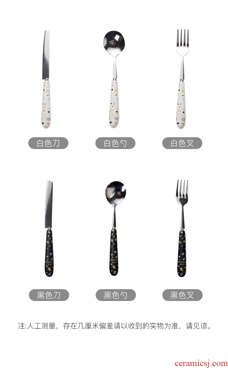 Three pieces of pottery and porcelain handle steak knife and fork spoon, Three - piece household Nordic western - style food tableware suit stainless steel spoon