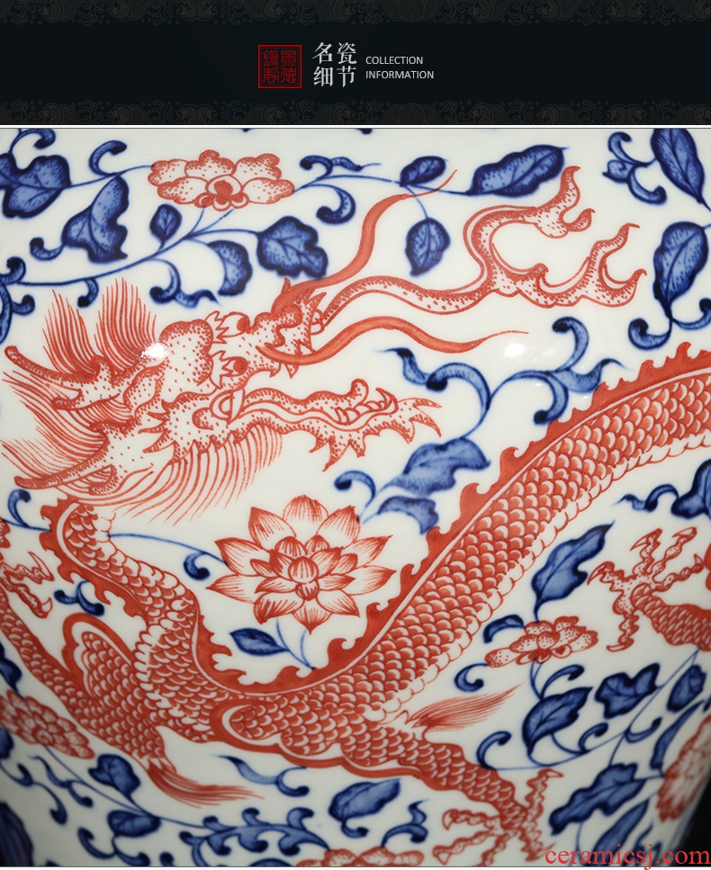 Jingdezhen ceramics imitation qianlong hand - made dragon pattern of blue and white porcelain vase flower arranging the new Chinese rich ancient frame is placed in the living room