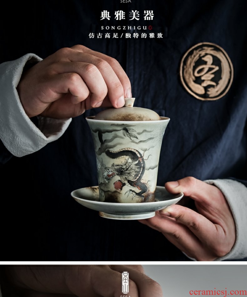 Continuous grain of wood up change hand - made longteng large tureen jingdezhen kung fu tea set ceramic three to make tea tureen lid