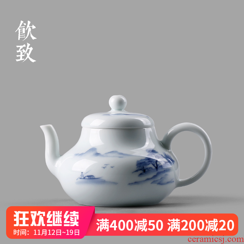 Make tea ultimately responds to the blue and white landscape teapot celadon hand - made household single pot of spherical pore filter ceramic kung fu tea set