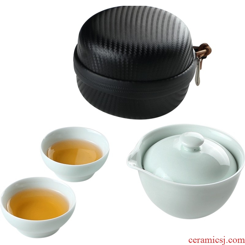 Ultimately responds to shadow celadon travel tea set a pot of two cups of portable package mini ceramic kunfu tea with crack cup