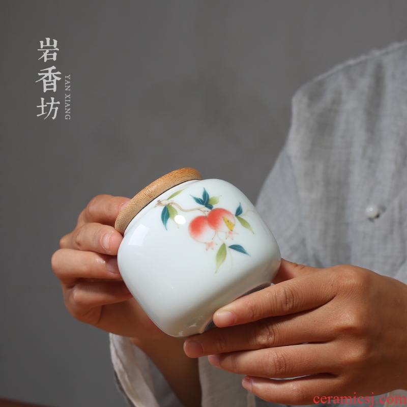YanXiang fang hand - made pomegranate shadow celadon small caddy fixings bamboo cover sealing ceramic portable storage POTS