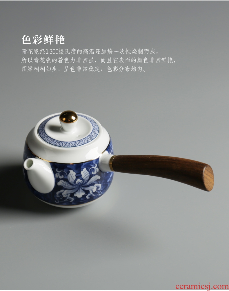 Is good source side of blue and white porcelain pot of ceramic wooden handle teapot kung fu tea tea teapot household size