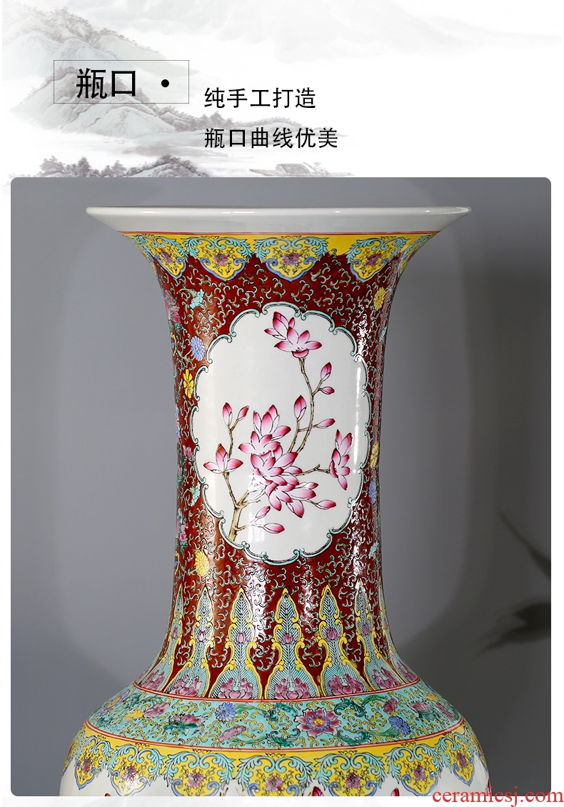 Ceramic floor big vase hand - made pastel peony sitting room adornment porcelain bottle study porch large furnishing articles