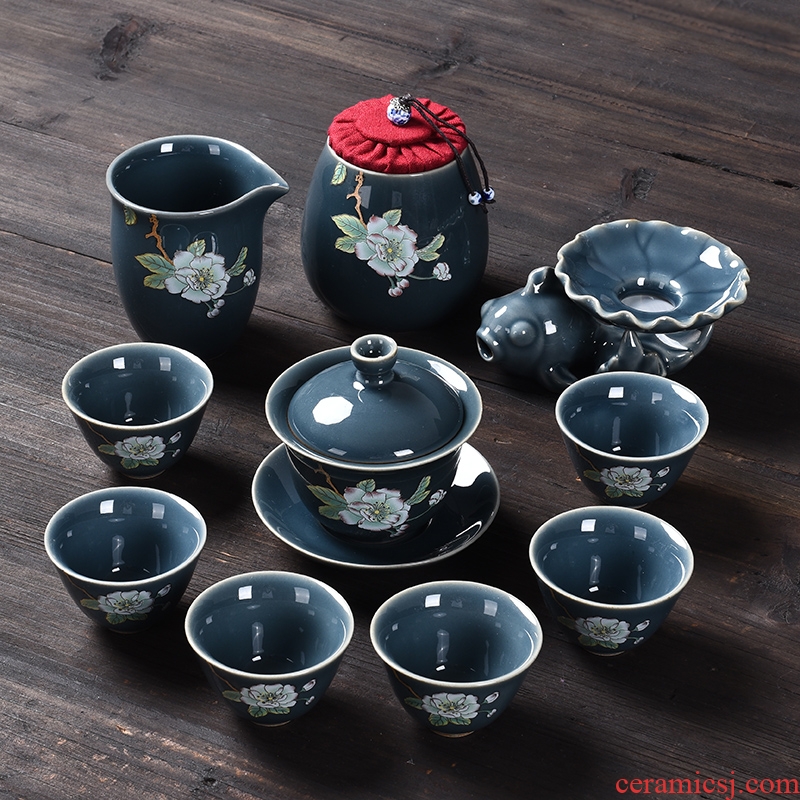 Bo yiu-chee your up kung fu tea set ji dark purple glaze on flowers of household ceramic tea tureen of a complete set of tea cups