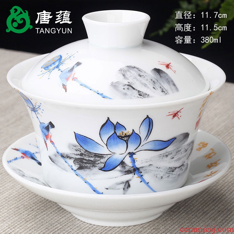 Tang three to the accumulate ceramic tureen large blue and white porcelain teacup kung fu tea set glass tea bowl of white porcelain household