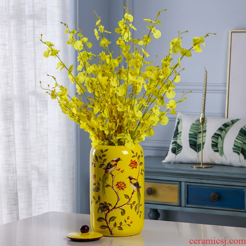 Jingdezhen ceramic vase furnishing articles American sitting room dry flower arranging flowers yellow storage jar jar with cover soft decoration