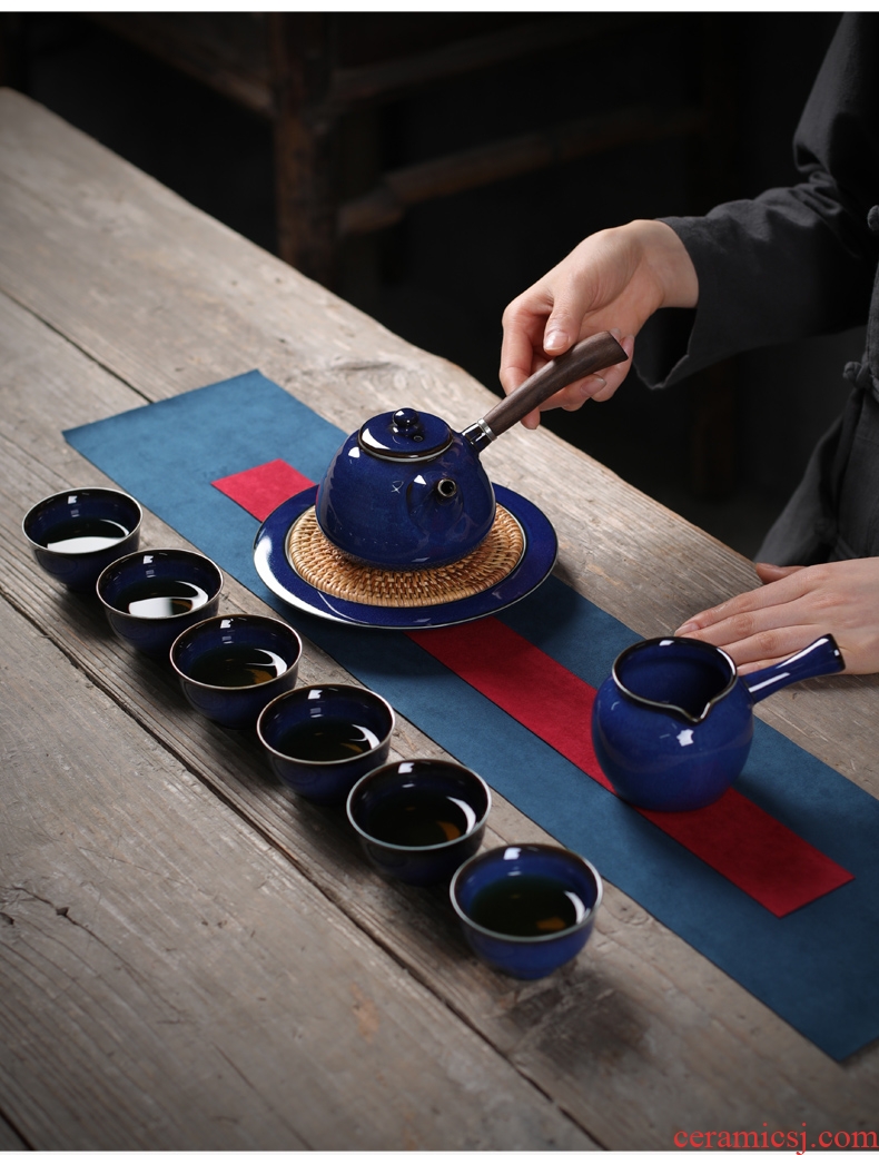 Is good source variable TuHao blue wooden side kung fu tea set the pot of ceramic pot single pot teapot household small pot