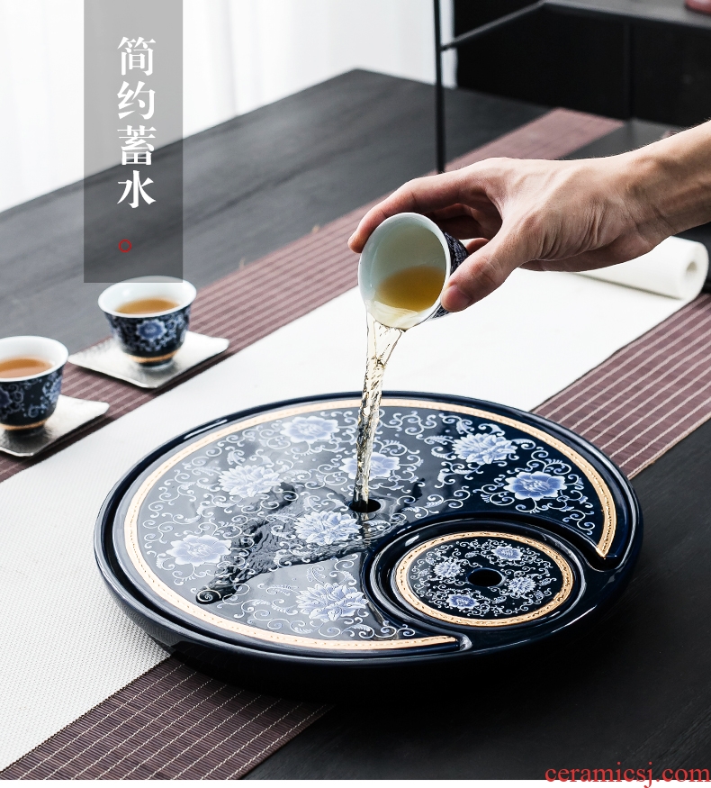 Bin ceramic drainage type tea tray was creative round tea home small office tea sea of blue and white porcelain tea sets tea set