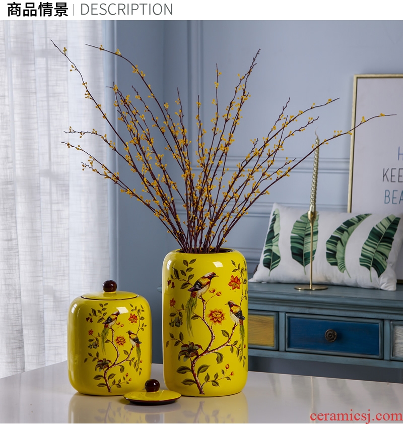 Jingdezhen ceramic vase furnishing articles American sitting room dry flower arranging flowers yellow storage jar jar with cover soft decoration