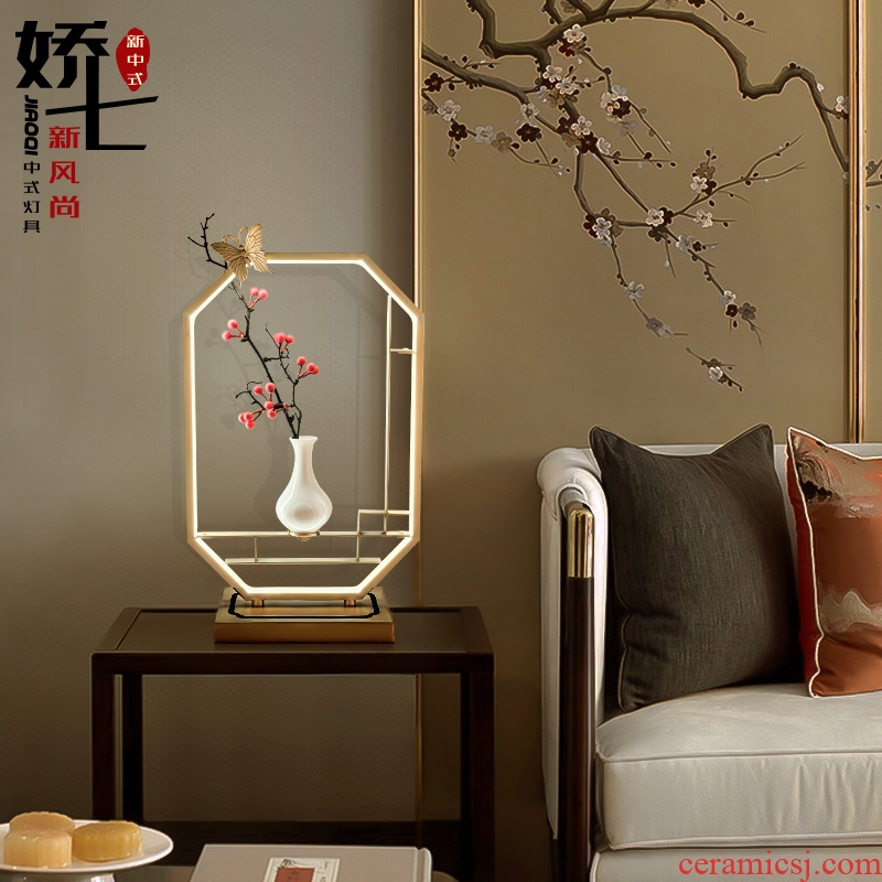 New Chinese style lamp bedside table lamp full copper decorative ceramic Chinese wind zen creative move sitting room bedroom to study