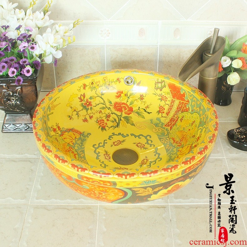 Jingdezhen ceramic double with double key-2 luxury art basin yellow bottom overflowing ceramic lavatory basin