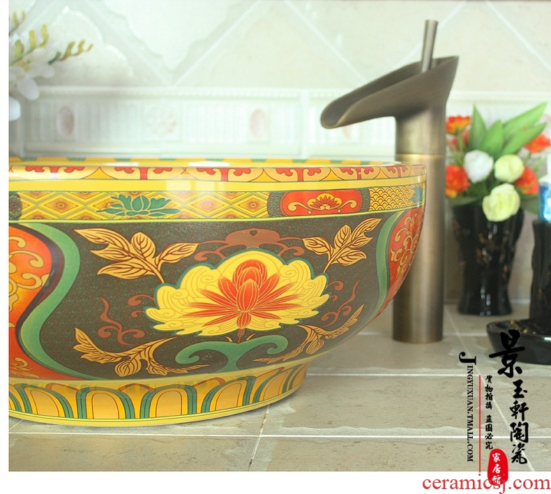 Jingdezhen ceramic double with double key-2 luxury art basin yellow bottom overflowing ceramic lavatory basin