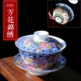 Flower is splendid tureen dehua white porcelain ceramic kung fu tea set three medium blue and white colored enamel cup tea bowl to bowl
