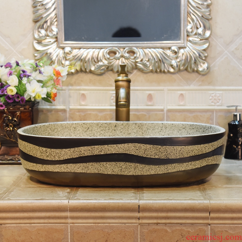Jingdezhen ceramic lavatory basin basin sink art stage basin yellow ellipsoid bottom carved square black lines