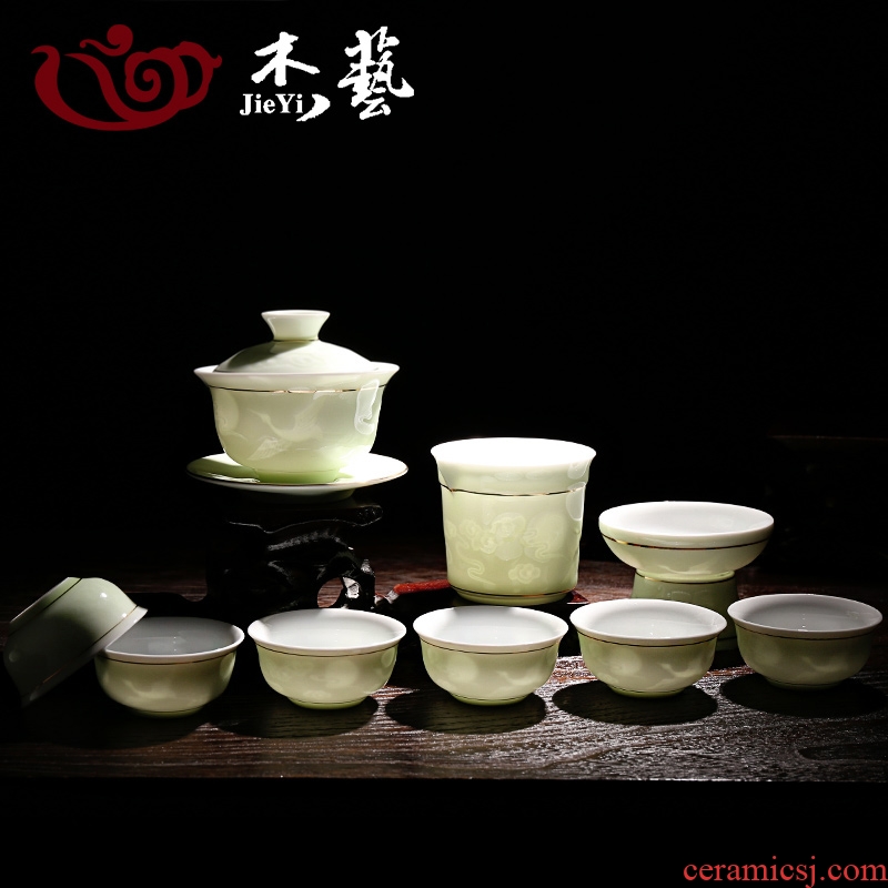 Graven images celadon full set of kung fu tea set household of Chinese style ceramic cups suit I and contracted tureen tea set