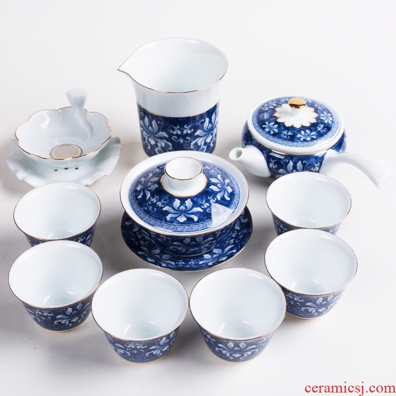 Bin, high - end household kung fu tea set of blue and white porcelain of a complete set of creative ceramic teapot teacup tea gift porcelain