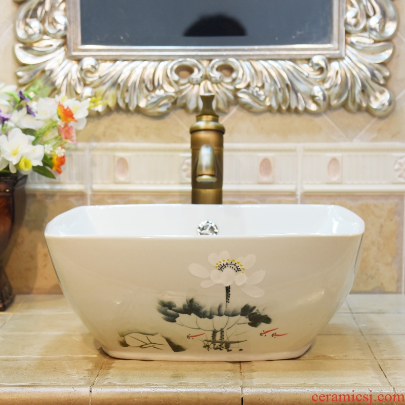 Jingdezhen ceramic lavatory basin stage basin, art basin sink square double surplus water white lotus