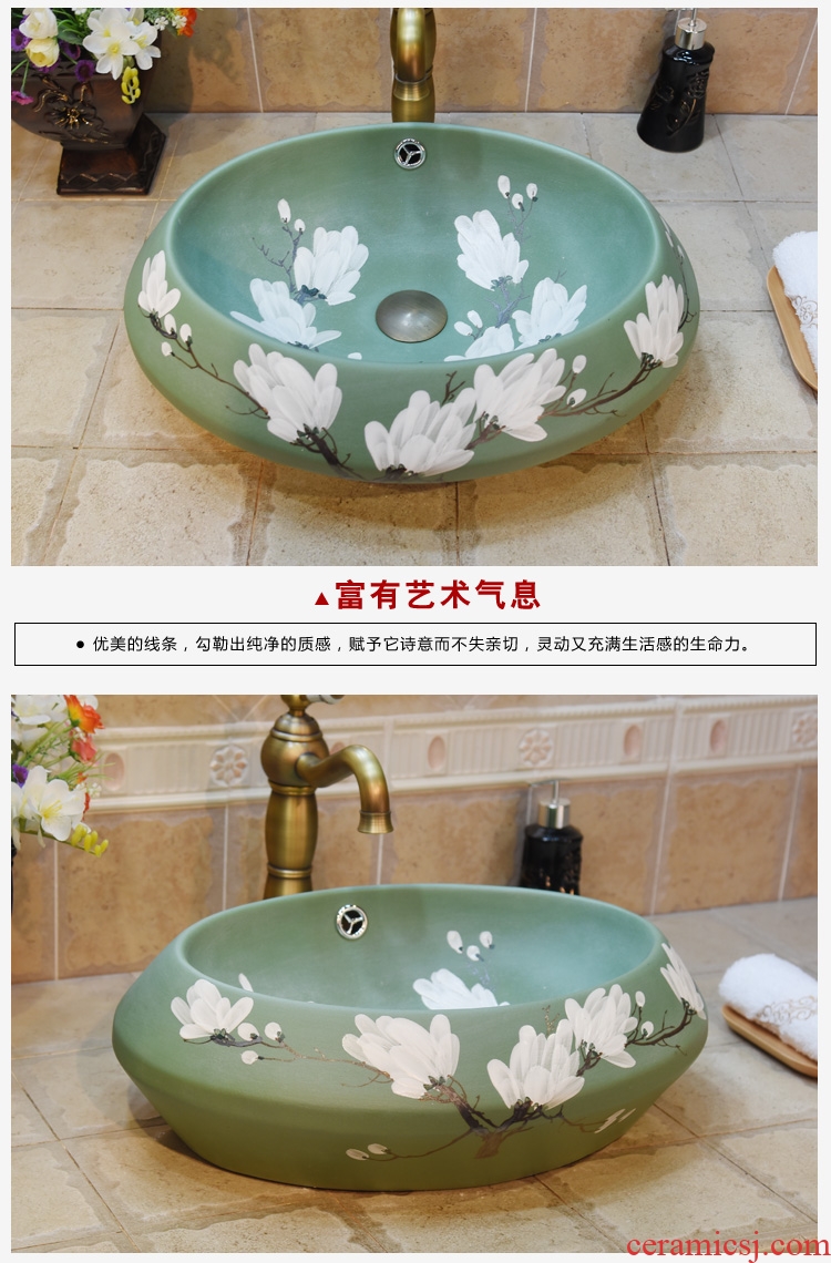 Jingdezhen ceramic lavatory basin stage basin, art basin sink on green oval double white yulan overflowing