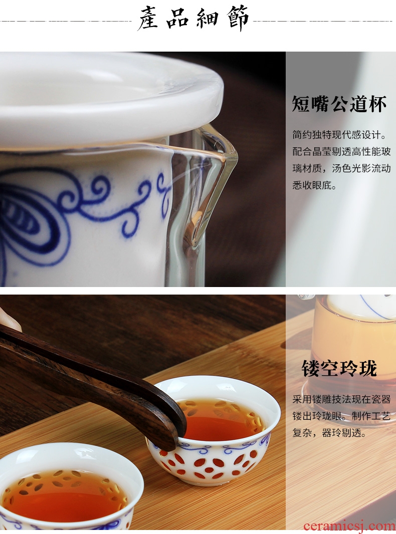 Ceramic glass tea set a complete set of black tea, black tea teapot ears tea exquisite blue and white porcelain kung fu tea set