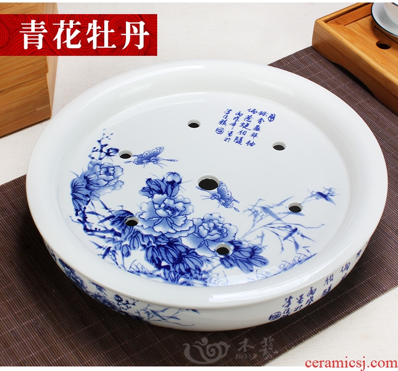 Ceramic tea tea tray tray ship round tea table seats kung fu tea tea tea tray storage sea of blue and white porcelain double