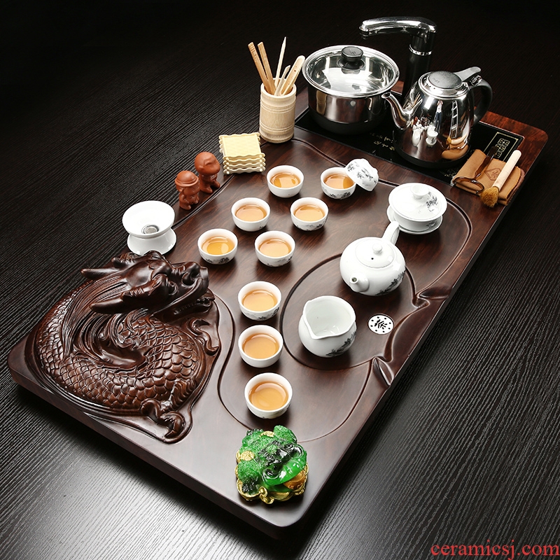 Gorgeous young kung fu tea set tea taking of a complete set of household ceramic tea set tea tray embossed dragon tea tea tray