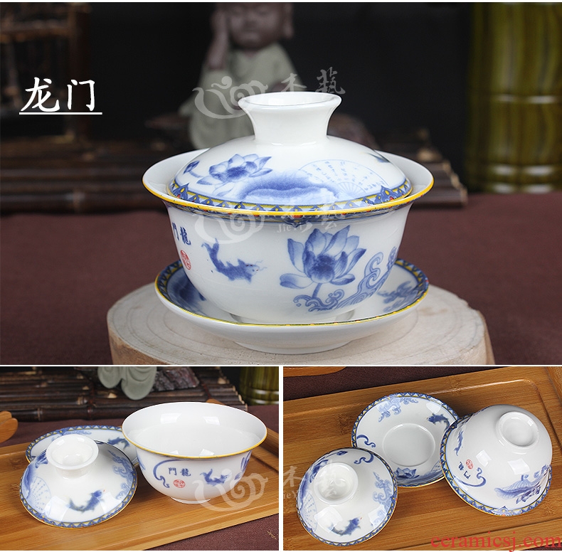 Blue and white bowl tea tureen tea cup three to bowl of tea for white porcelain ceramic flower hand grasp pot of sweet tea bowls and cups