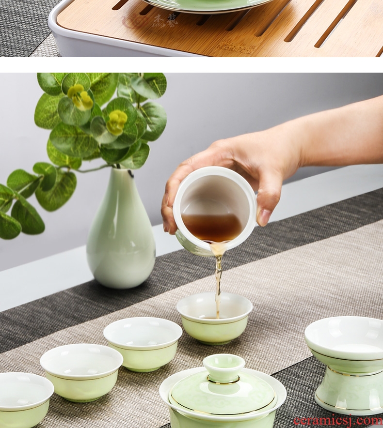 Graven images celadon full set of kung fu tea set household of Chinese style ceramic cups suit I and contracted tureen tea set