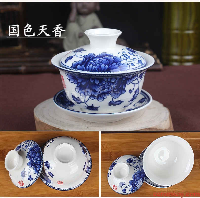 Blue and white bowl tea tureen tea cup three to bowl of tea for white porcelain ceramic flower hand grasp pot of sweet tea bowls and cups