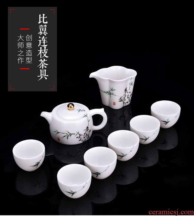 HaoFeng contracted tureen kung fu tea set porcelain dehua suet jade white porcelain of a complete set of tea tea