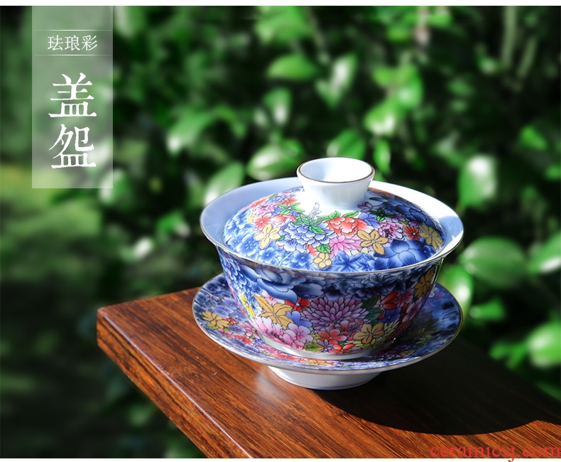 Flower is splendid tureen dehua white porcelain ceramic kung fu tea set three medium blue and white colored enamel cup tea bowl to bowl