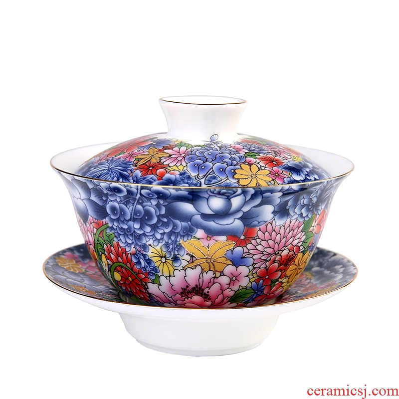 Flower is splendid tureen dehua white porcelain ceramic kung fu tea set three medium blue and white colored enamel cup tea bowl to bowl