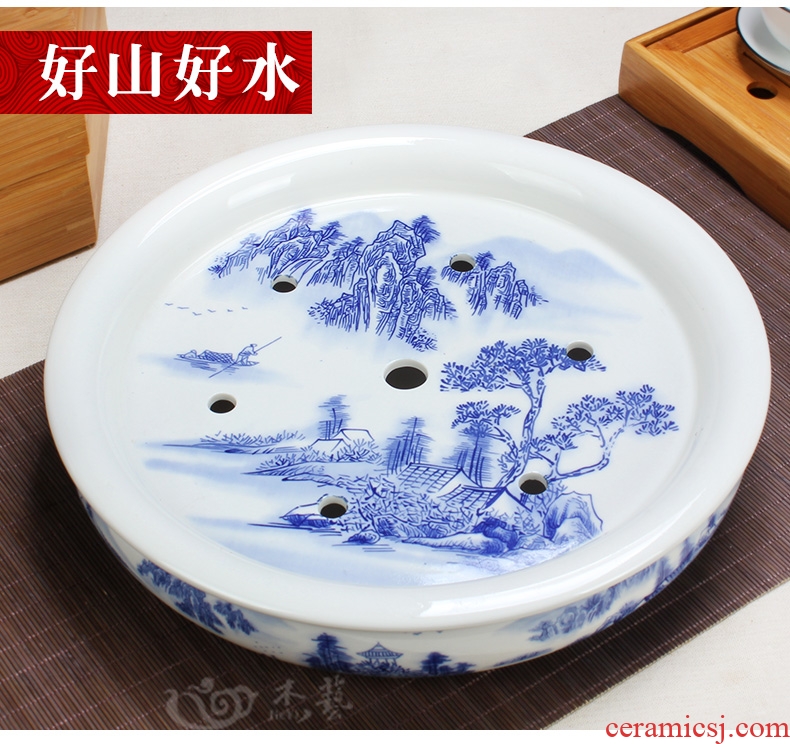 Ceramic tea tea tray tray ship round tea table seats kung fu tea tea tea tray storage sea of blue and white porcelain double