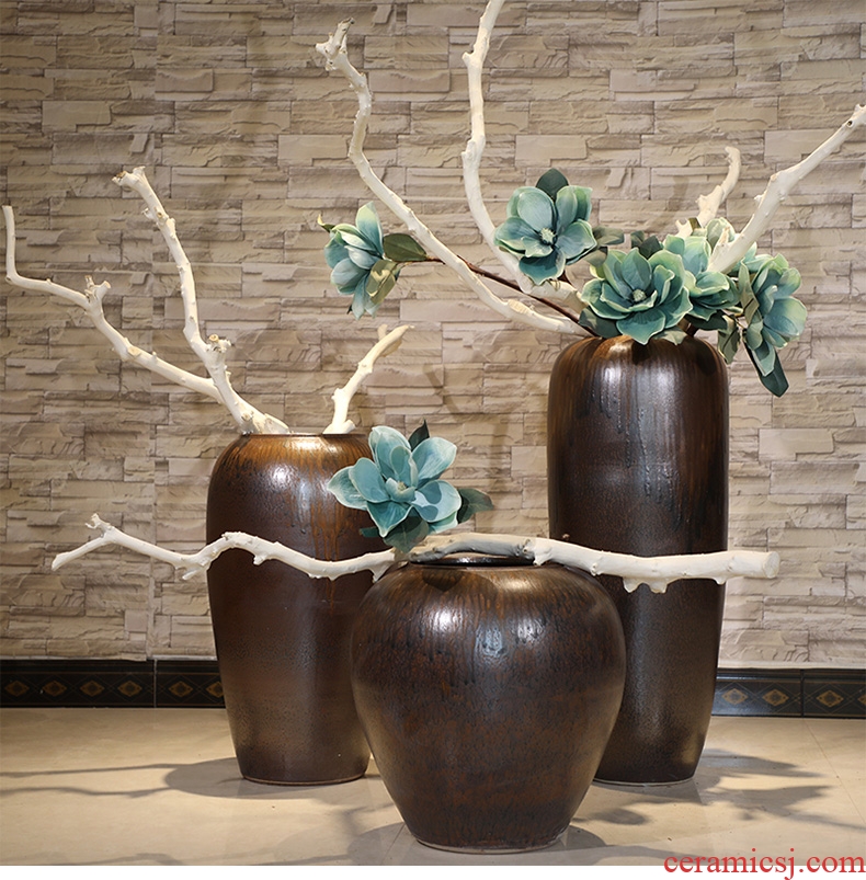 Chinese style household ceramics high porch decorate sitting room ground vase hydroponics simulation big dry flower Nordic decorative furnishing articles - 555872000456