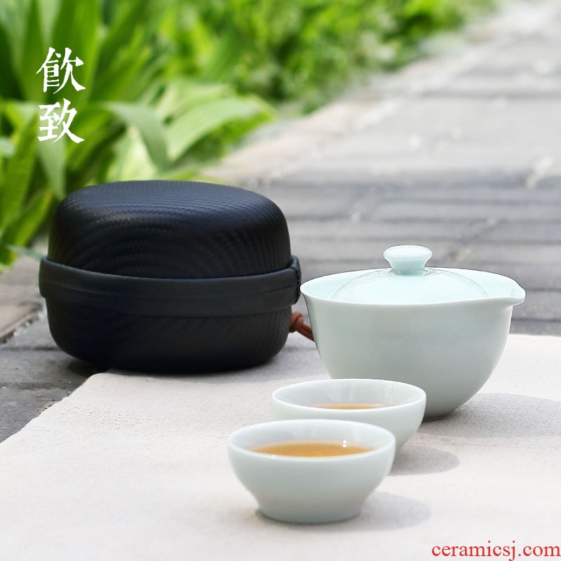 Ultimately responds to shadow celadon travel tea set a pot of two cups of portable package mini ceramic kunfu tea with crack cup