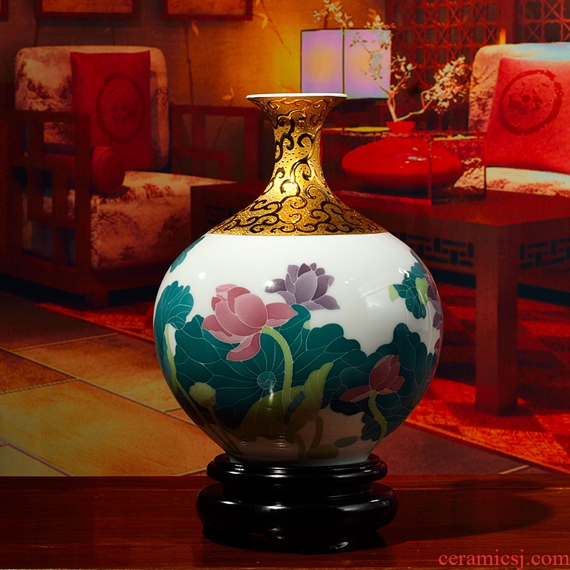 Oriental soil hand - made ceramic vase furnishing articles flower arranging creative Chinese housewarming gift/gold plated small bottle