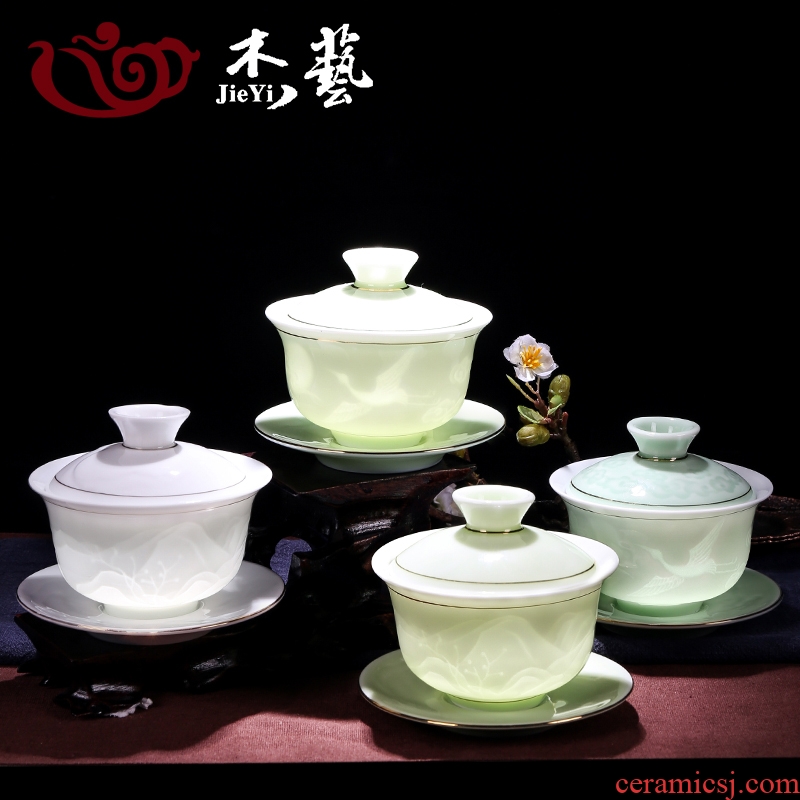 Graven images celadon full set of kung fu tea set household of Chinese style ceramic cups suit I and contracted tureen tea set