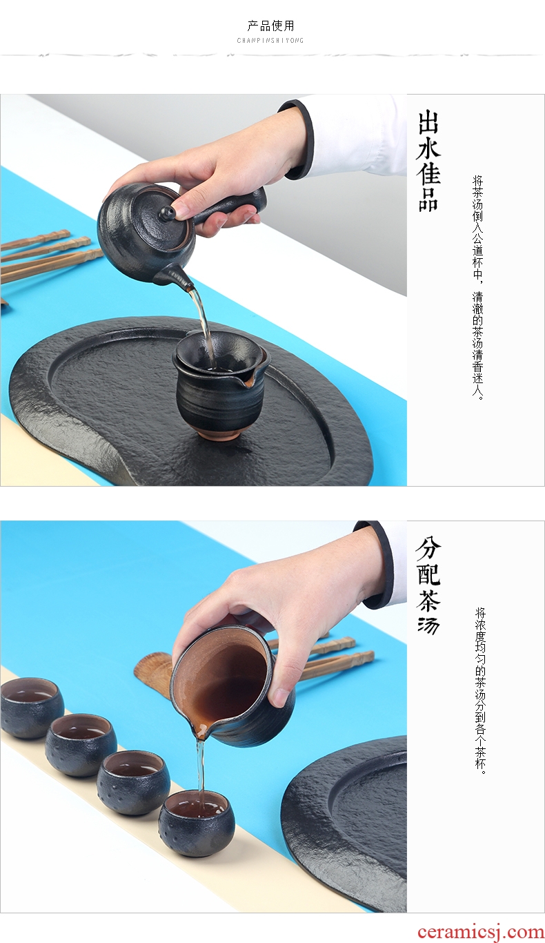 Black zen Japanese tea sets tea tray, Black pottery ceramic kung fu tea set coarse pottery teapot teacup of a complete set of gift boxes