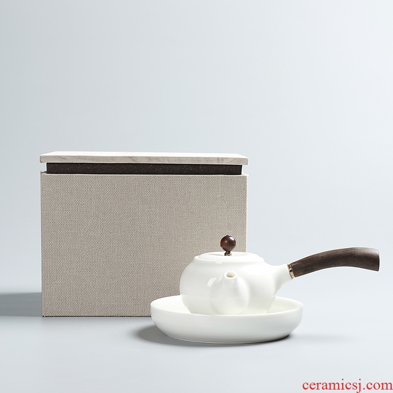 Chen xiang yu, white glazed ceramic teapot with wooden handle, side put the pot of white porcelain single pot of traditional kung fu tea tea gift box