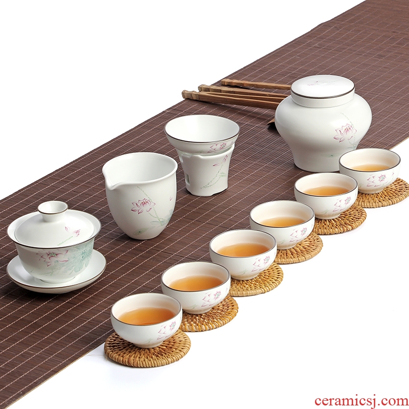 Fat white household ceramics kung fu tea set outfit set of contracted tureen tea cups of a complete set of sample tea cup set of gift boxes