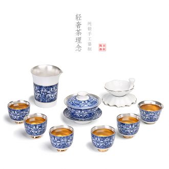 999 sterling silver of a complete set of kung fu tea set manually coppering. As silver tureen ceramic tea set with blue and white porcelain cup gift boxes