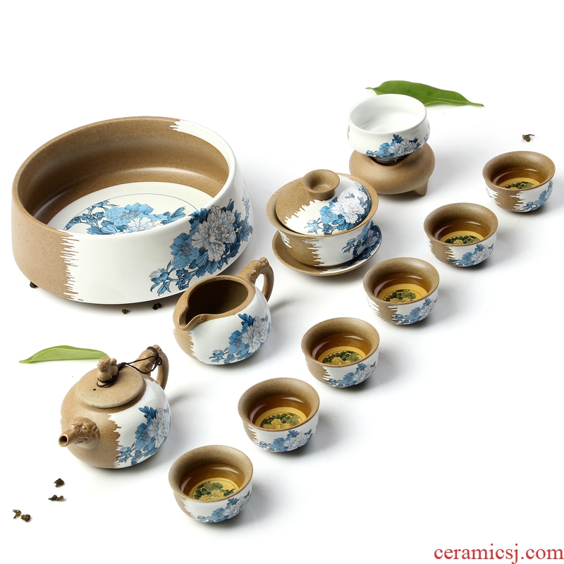 Tao ancient spring and autumn ceramic kung fu tea set a complete set of manual coarse pottery tea teapot tea cups to wash to large