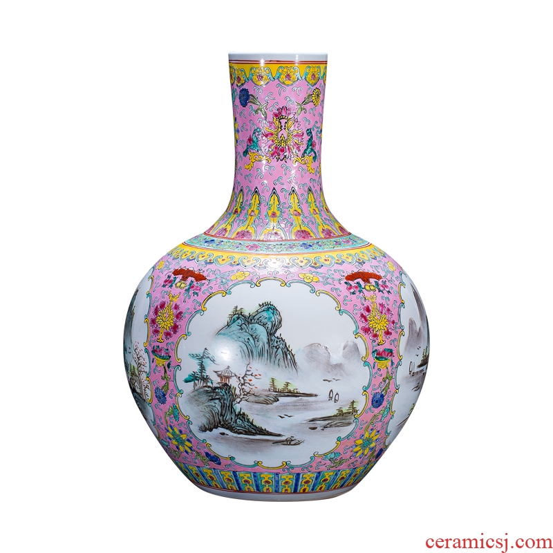 Antique hand - made jingdezhen ceramics powder enamel vase landing Chinese style classical decoration flower arranging furnishing articles large living room