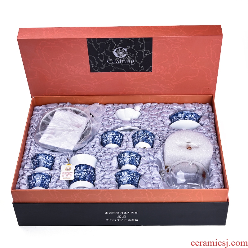 HaoFeng kung fu tea set blue and white hand made ceramic teapot teacup household contracted Chinese tea set gift boxes