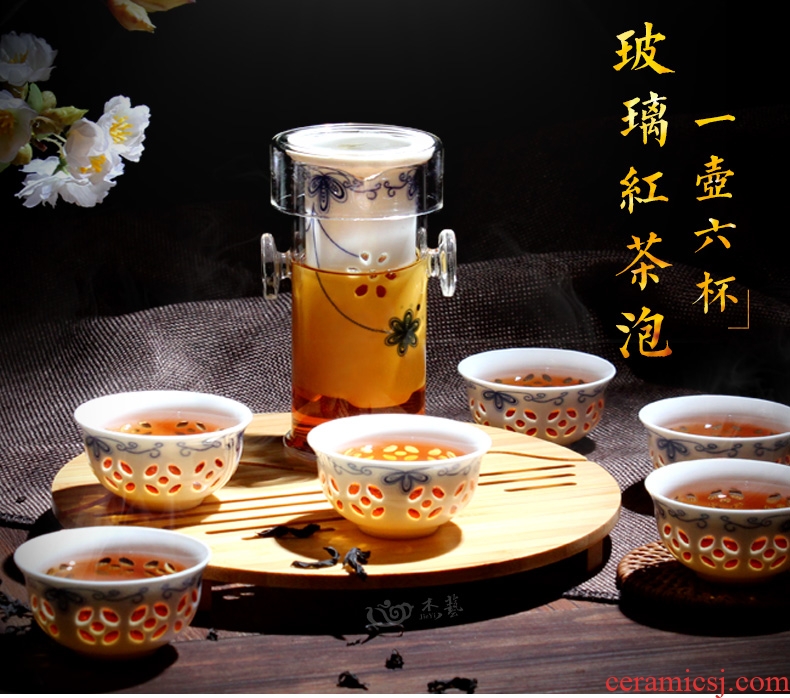 Ceramic glass tea set a complete set of black tea, black tea teapot ears tea exquisite blue and white porcelain kung fu tea set